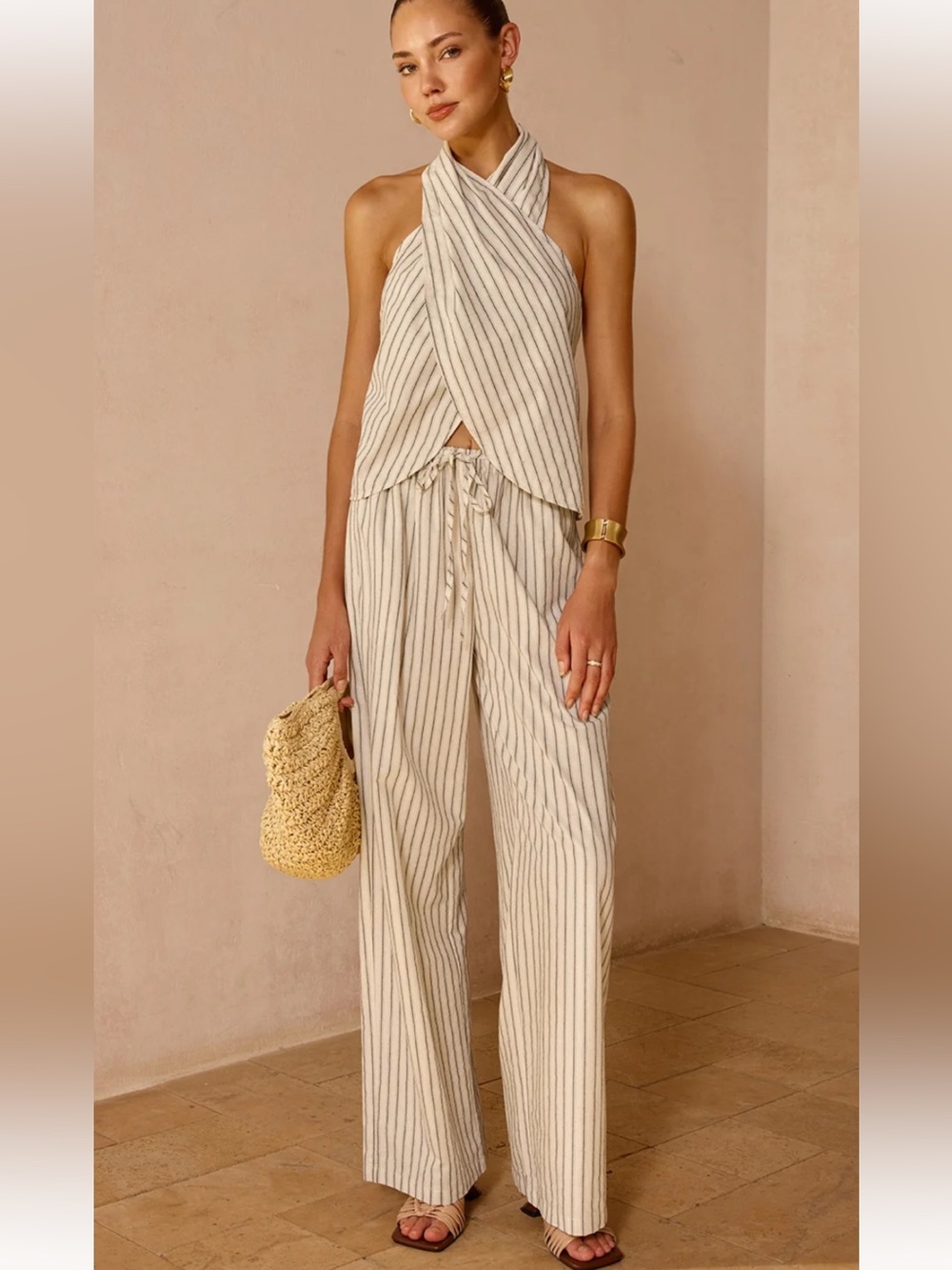 Commense Striped Cotton Linen Halter Top & Pants Set